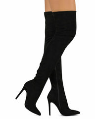 Liliana Gisele-7 Black Thigh High Stretchy Suede Fitted Pointy Stiletto Boots