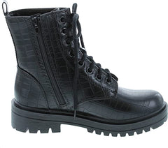 Soda Firm Black Croco Lace Up Round Toe Chunky Platform Combat Ankle Wide Boots