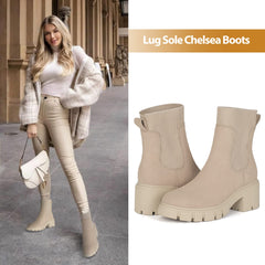 Rihero Chelsea Nude Boots Fashion Pull on Platform Ankle Chunky Booties 7.5