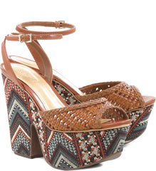 Schutz Grazy Caramel Brown Emroidered Platform Sandals