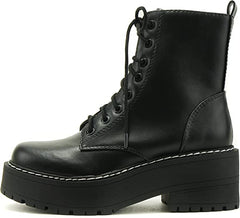 Soda Fling Black Pu Lace Up Chunky Lug Sole Rounded Toe Wide Combat Ankle Boots