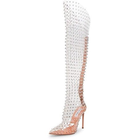 Steve Madden Vava-S Clear Spike Studs Back Zip Pointed Toe High Heel Tall Boots