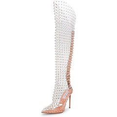 Steve Madden Vava-S Clear Spike Studs Back Zip Pointed Toe High Heel Tall Boots