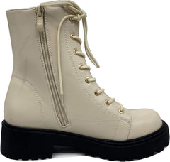 WuORWu Beige Fashion Lace Up Rounded Toe Chunky Platform Combat Ankle Boots