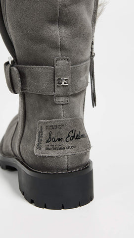 Sam Edelman Jeanie Gray Suede Fur Lined Lug Sole Moto Lace Up Chelsea Boot