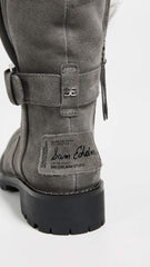 Sam Edelman Jeanie Gray Suede Fur Lined Lug Sole Moto Lace Up Chelsea Boot