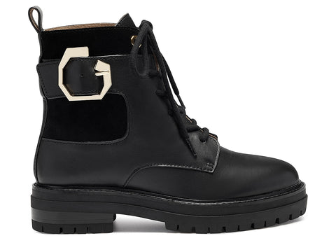 Louise et Cie Saliha Black Leather Lace-Up Combat Moto Lug Sole Hardware Boots