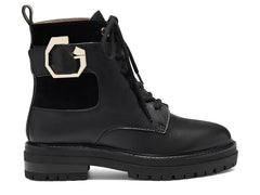 Louise et Cie Saliha Black Leather Lace-Up Combat Moto Lug Sole Hardware Boots