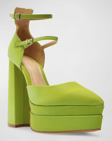 Schutz Elysee Green Double Platform Ankle Strap Pointy Toe Block Heel Dress Pump