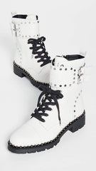 Sam Edelman Jennifer Bright White Leather Lace Up Studded Combat Ankle Boots