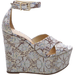 Schutz Serennas White Multi Super High Platform Wedge Printed Ankle Strap Sandal