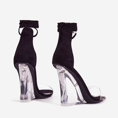 Cape Robbin Magnetic Lace Up Perspex Clear Wedge Heel Black Suede Sandals