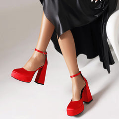 Women's Platform Chunky Heels Closed Toe Block Heel Pumps Square Toe Ankle Strap Pump Shoes