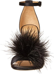 Sam Edelman Yaro Black Feather Ankle Strap Open Rounded Toe Block Heeled Sandals