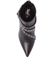 Shellys London Frasier Black Leather Grommet Buckle Strap Angled Block Heel Boot