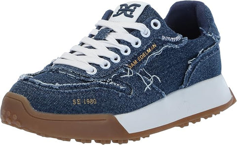 Sam Edelman Layla Blue Multi Fray Green Lace Up Low Top Chunky Heeled Sneakers