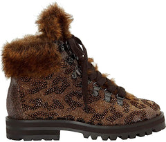 Jessica Simpson Norina Bronze Leopard Multi Fur Lined Combat Lace Up Booties