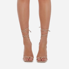 LuxeModa Emily Nude Square Toe Lace Up Pyramid Heel Tie Up Strappy Pumps