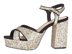 SHELLYS LONDON Annie Gold Glitter Embellished Chunky Heel Platform Sandal Pumps