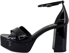 Sam Edelman Jullian Black Patent Leather Open Toe Ankle Strap Block Heel Sandals