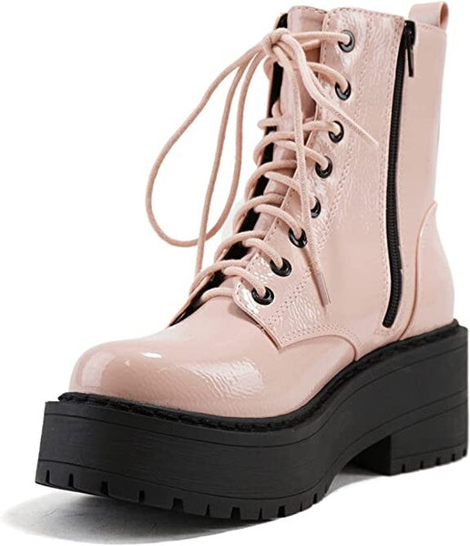 Soda Fling Blush Crk Patent Lace Up Chunky Lug Sole Round Toe Combat Ankle Boots