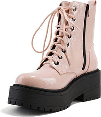 Soda Fling Blush Crk Patent Lace Up Chunky Lug Sole Round Toe Combat Ankle Boots