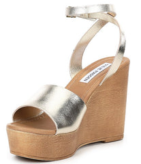 Steve Madden Welsh Gold Leather Ankle Strap Open Toe Platform Wedge Sandal