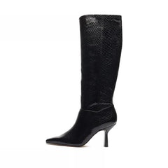 Schutz Jupitar Black Croco Leather Stiletto Pointed Toe Women's Knee Boots