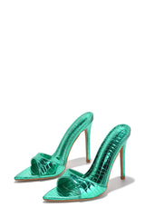 Cape Robbin Everything Green Metallic Pointy Toe Slip On Stiletto Heeled Sandals