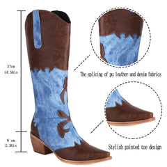 Cozivwaiy Women Denim Cowboy Boots Patchwork Knee High Boots Colorblock Western Cowgirl Mid Calf Jeans Shoes Pointed Toe Chunky Heel Pull On