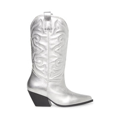 Steve Madden West Silver Leather Pull On Pointed Toe Block Heel Western Boots