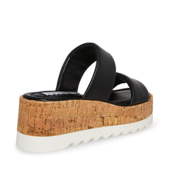 Steve Madden Defuse Black Leather Round Toe Slip On Wedge Platform Sandals