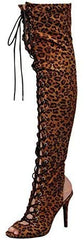 Breckelles Randi-23 Leopard Lace Up Stiletto Heeled Peep Toe Thigh High Boots
