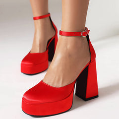 Women's Platform Chunky Heels Closed Toe Block Heel Pumps Square Toe Ankle Strap Pump Shoes