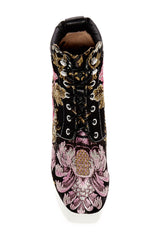 Shellys London Evan Black Floral Lace Up Chunky Platform Heel Boots