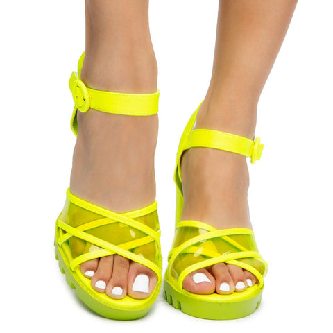 Cape Robbin Speechless Lime Ankle Strap Lug Sole Clear Open Toe Platform Sandals
