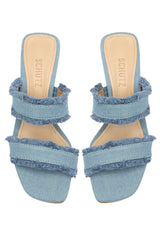 Schutz Amely Mid Block Summer Jeans Double Strap Slip On Open Toe Heel Sandals