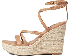 Nine West Hunda 3 Light Tan Rounded Open Toe Buckle Closure Wedge Heeled Sandals