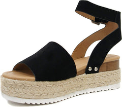 Soda Topics Black Nubuck Espadrille Ankle Strap Studded Platform Sandals