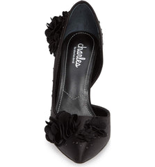 Charles David Black Pointed Flower Embellished Satin Formal Stiletto Pump