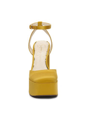 Jessica Simpson Skilla Yellow Mustard Satin Platform Pump Buckle Strap Block Heel