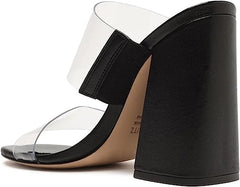 Schutz Victorie Black Clear Straps Slip On Open Toe Block Heeled Sandals