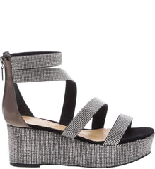 Schutz Gavvas Black Pewter Metallic Crystal Embellished Strap Wedge Sandal