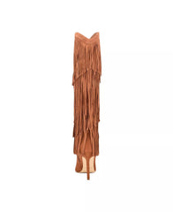 Nine West Tasels Cognac Pointed Toe Stiletto Heel Fringe Western Knee High Boots