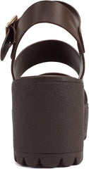 Soda Account Brown Pu Ankle Strap Round Open Toe Strappy Block Heeled Sandals