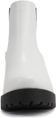Soda Jaber White Pu Chunky Lug Sole Elastic Side Gore Pull On Chelsea Ankle Boot