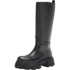Steve Madden Priority Black Leather Chunky Lug Sole Rounded Toe Pull On Boots