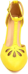 Chase & Chloe Kimmy-36 Teardrop T-Strap Mid Heel Pumps Yellow Pu