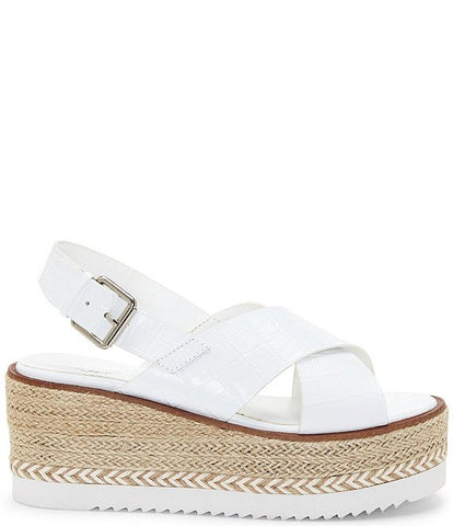 Vince Camuto Marietten White Croco Leather Cross Strap Platform Wedge Espadrilles