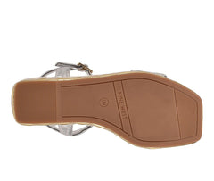 Nine West Nila Silver Buckle Closure Squared Open Toe Platform Wedge Sandal